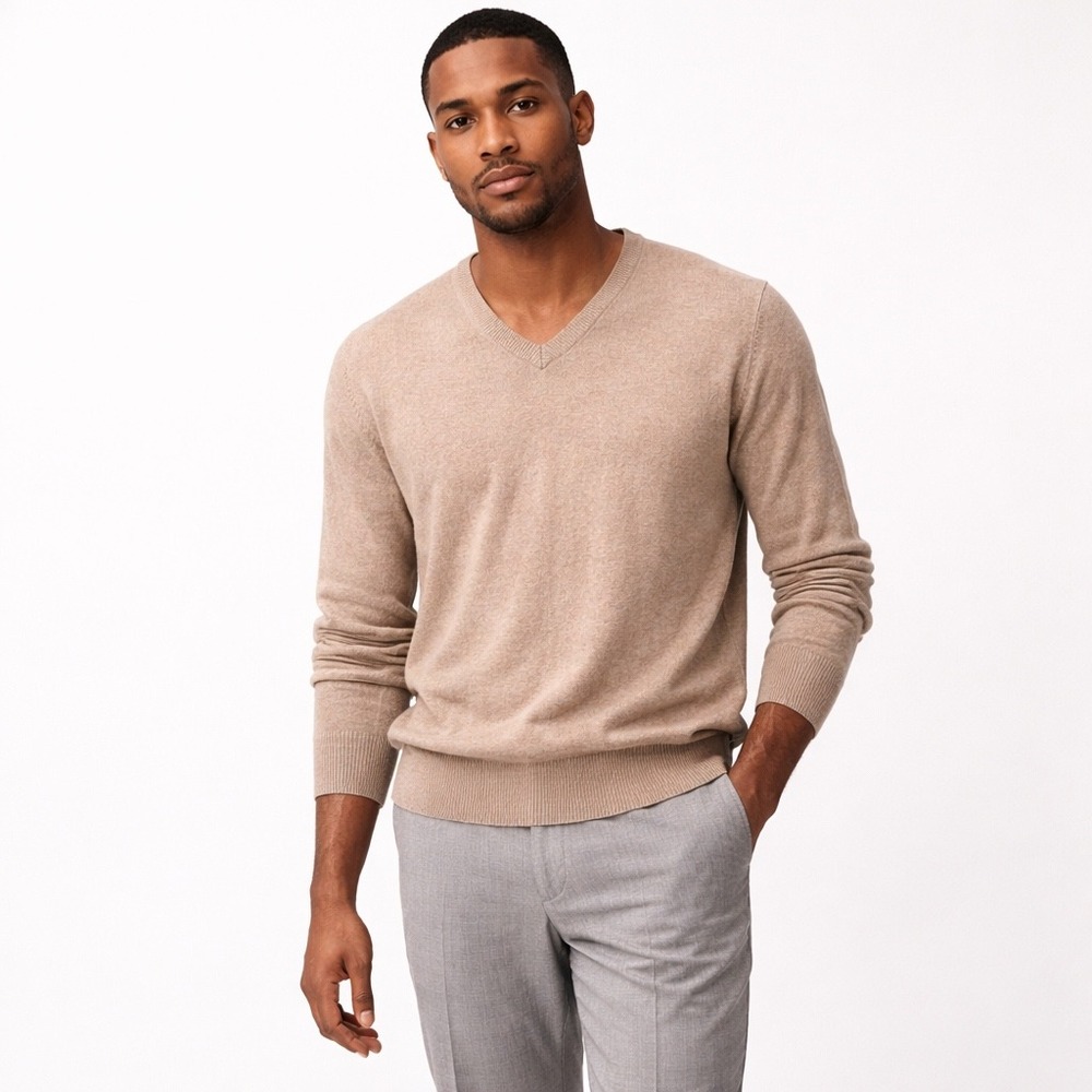 Jos A‎ Bank Mens V-Neck Sweater Medium Tan 100% 2-Ply Cashmere Pullover Knit